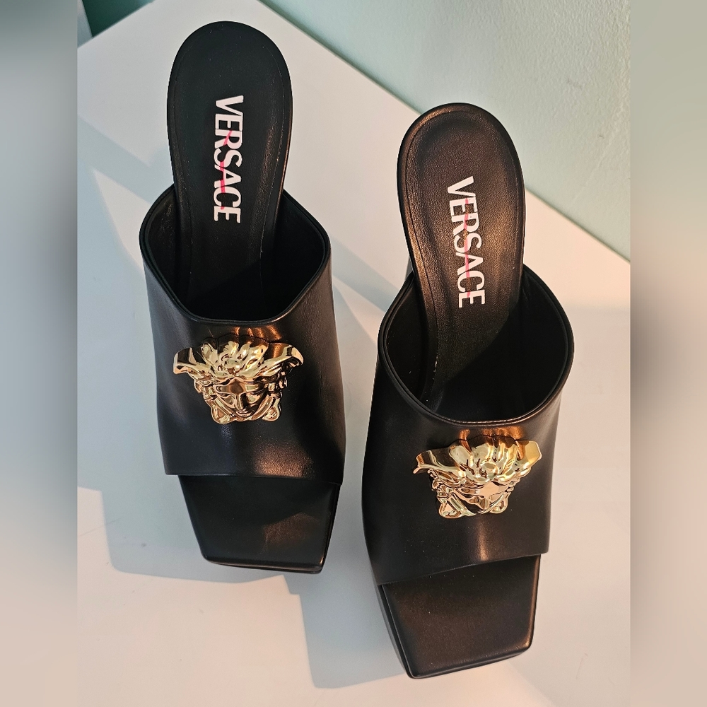 Versace La Medusa Gold 140MM Leather Platform Mules/Sandal Black Size 38/5 - Picture 7 of 16